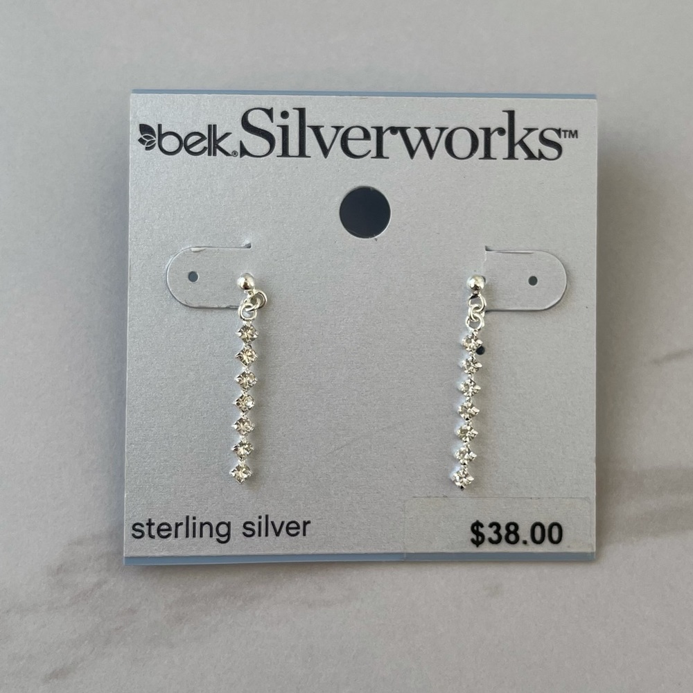 Sterling Silver 925 long rhinestone earrings minimalist prom wedding bridal - Picture 5 of 10